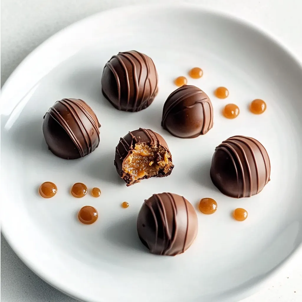 Assiette de truffes enrobées de chocolat avec caramel fondant.