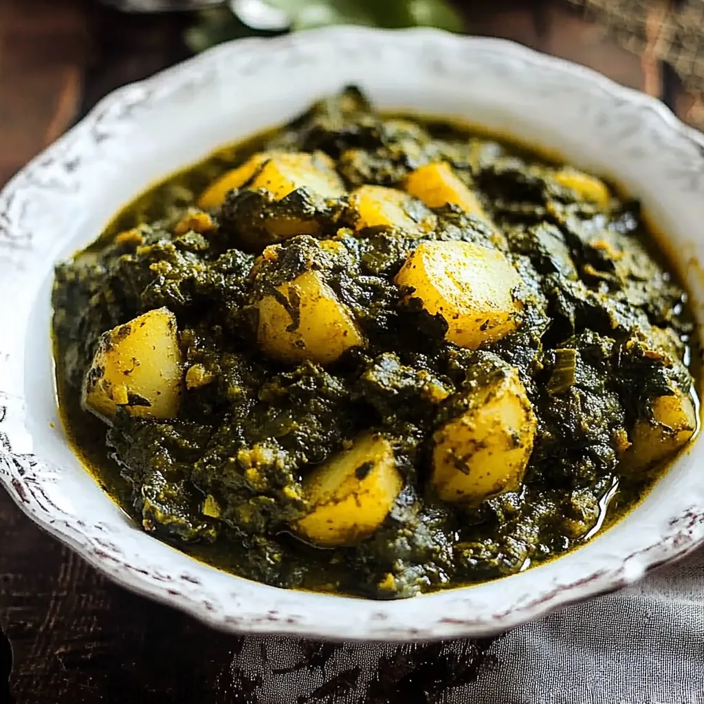 Un bol de soupe verte avec des pommes de terre.