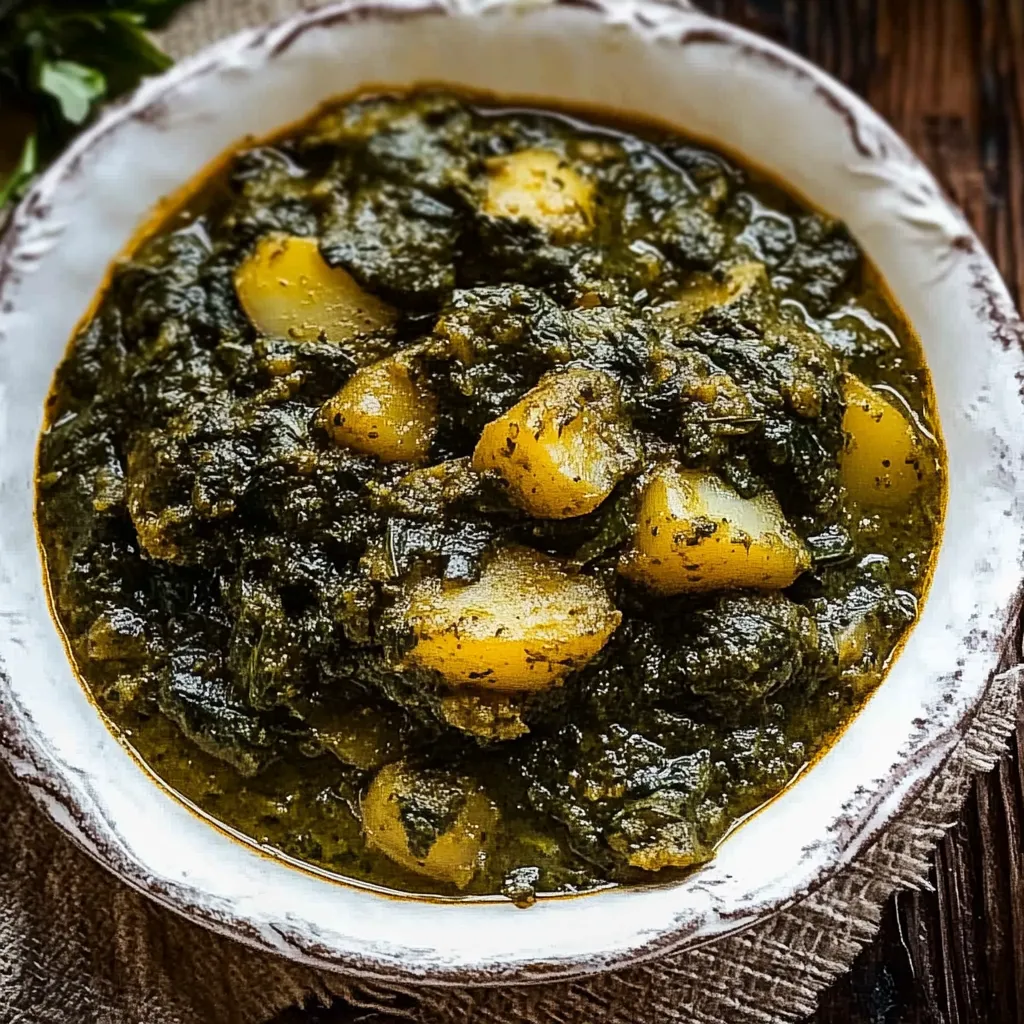 Un bol de soupe verte avec des pommes de terre.