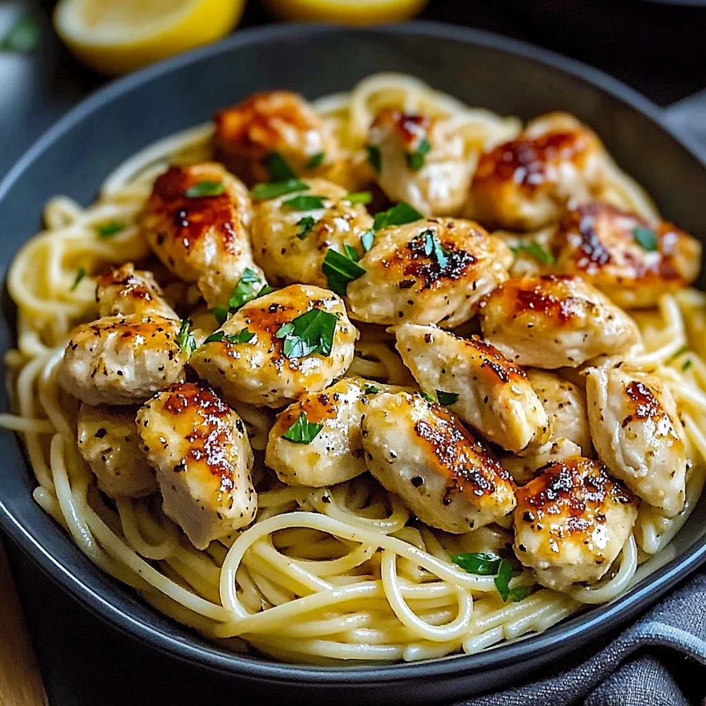 Un bol de pâtes au poulet.