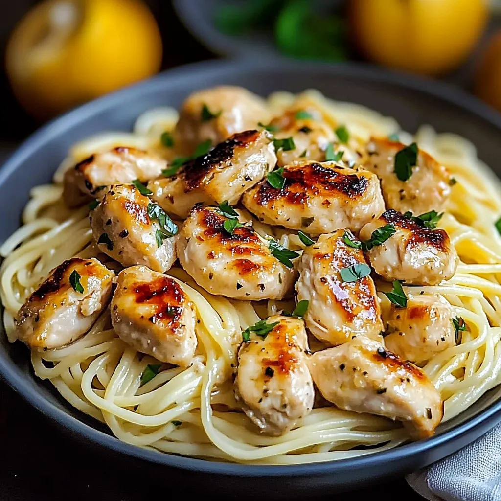 Un bol de pâtes au poulet.