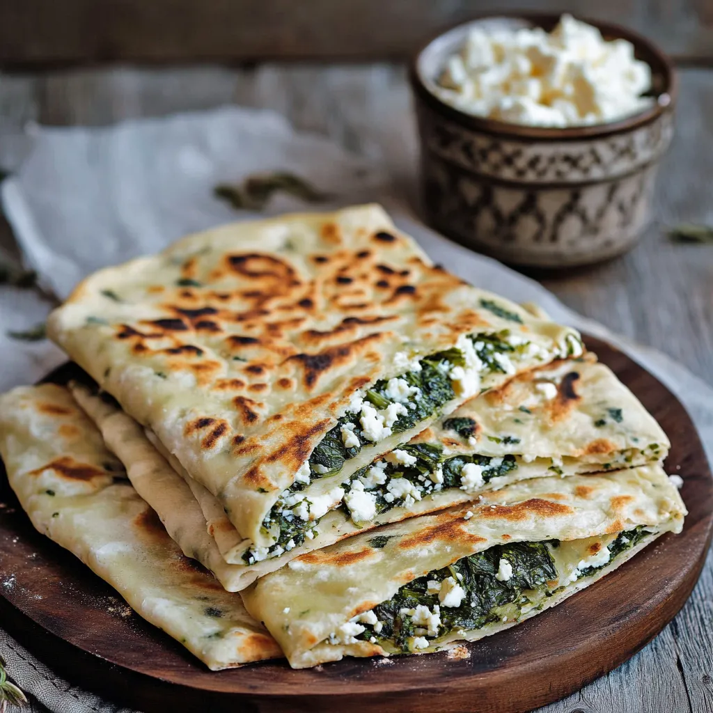 Une pile de pains plats avec du fromage bleu et des épinards.