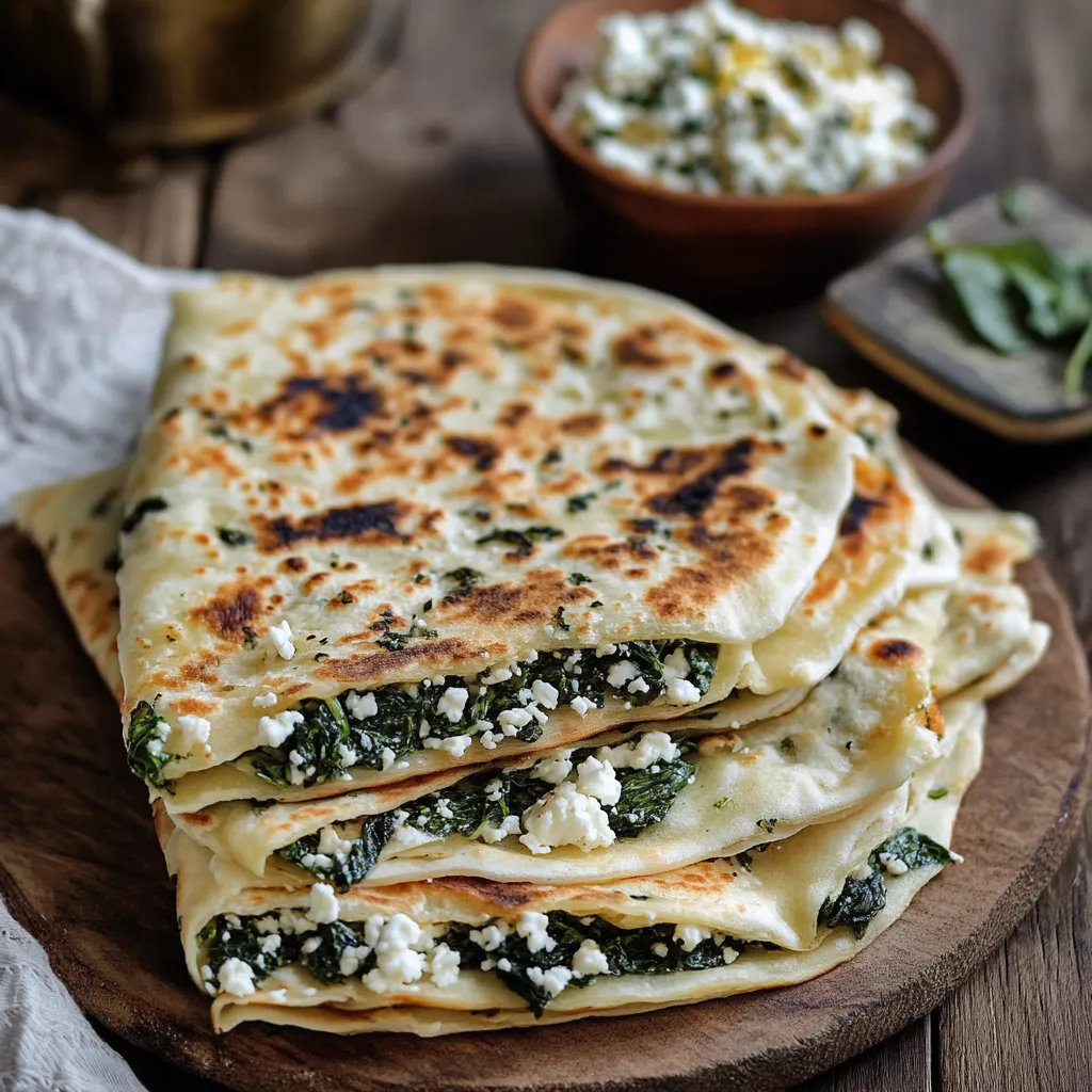 Une pile de galettes avec du fromage bleu et des épinards.