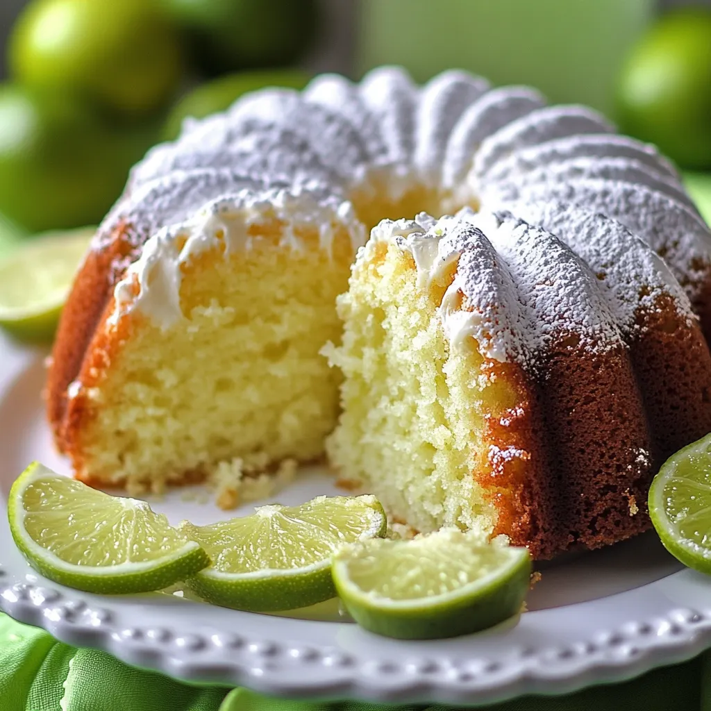 Une part de gâteau avec un glaçage blanc et des citrons verts sur le côté.
