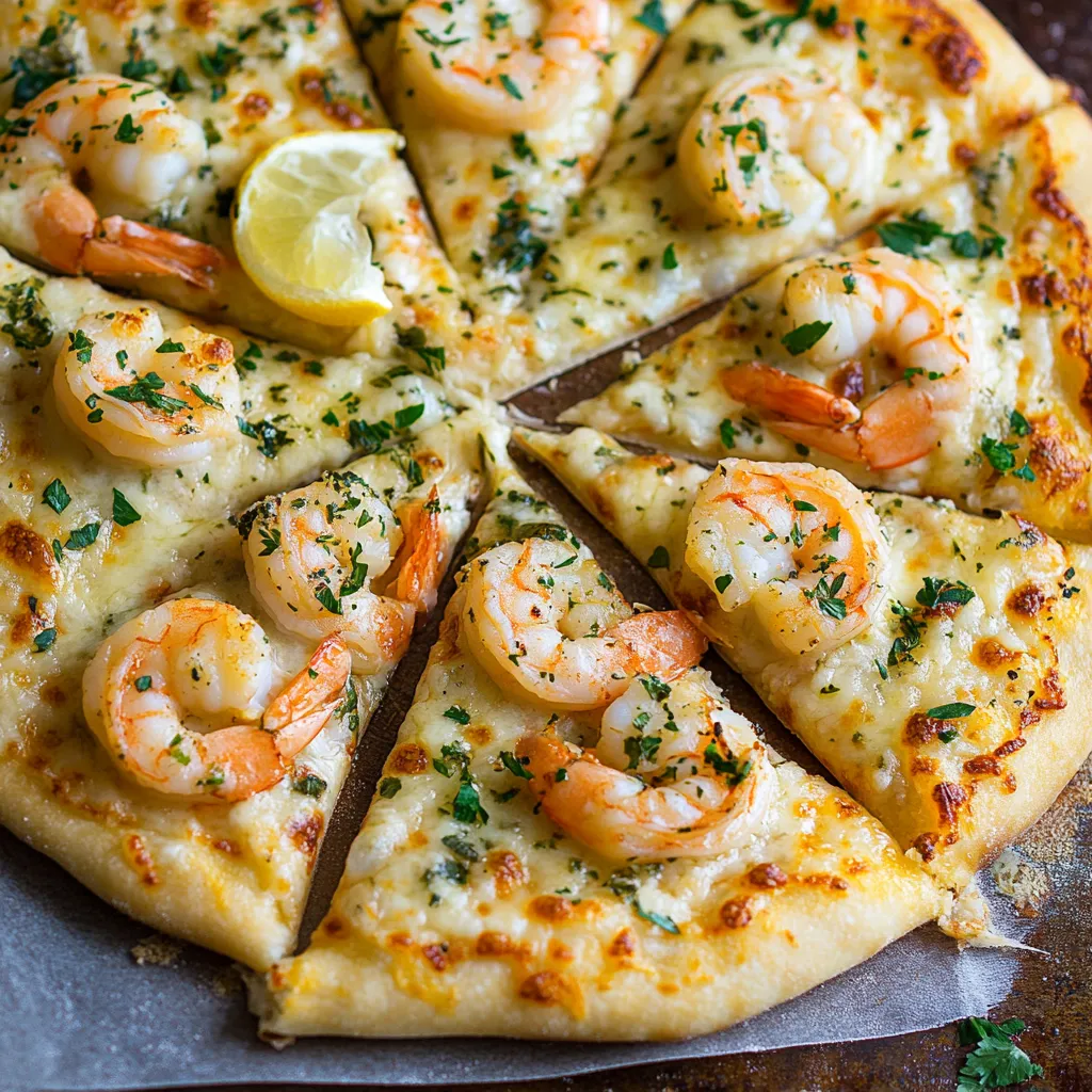 Une part de pizza garnie de crevettes et de rondelles de citron.
