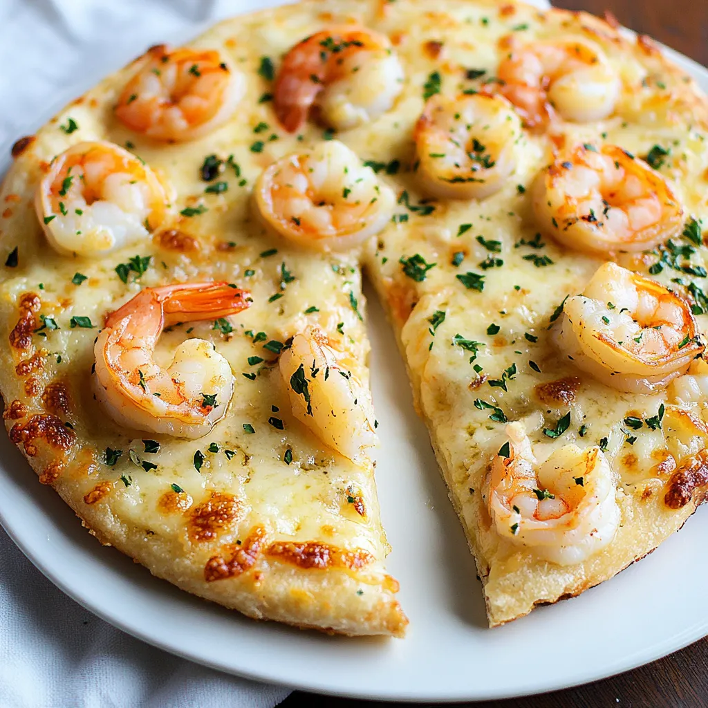 Une part de pizza aux gambas et fromage.