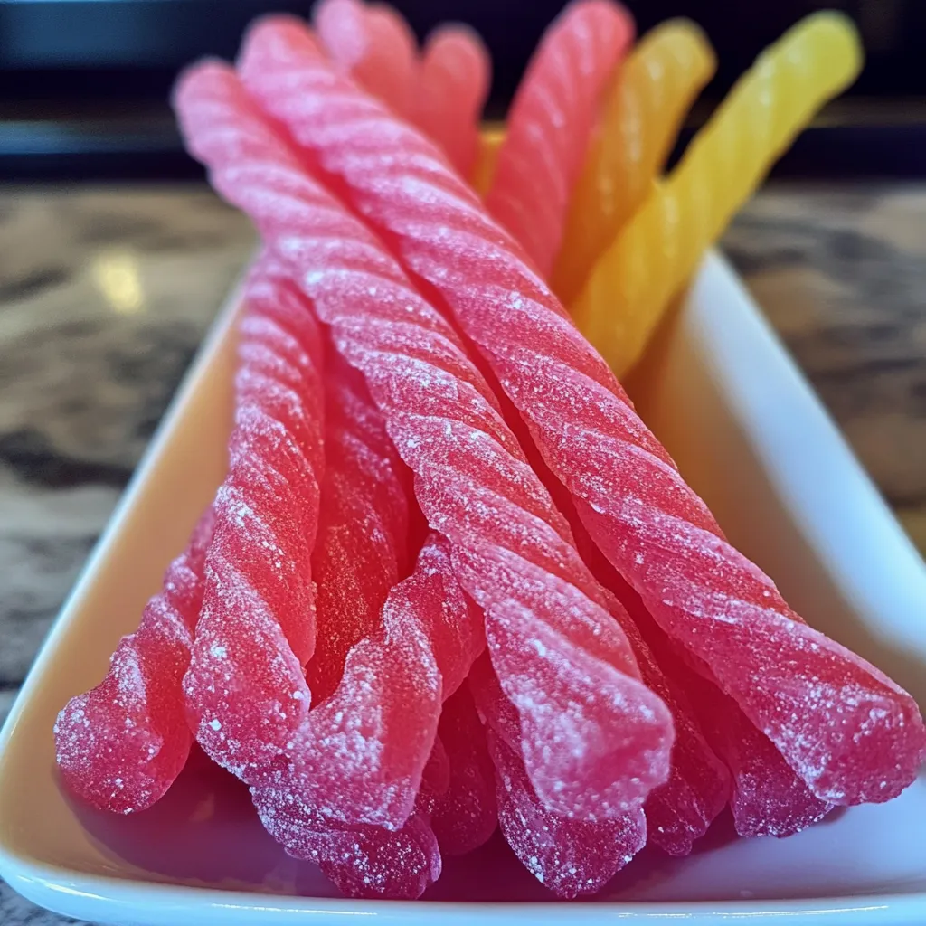 Un bol rempli de bonbons torsadés rouges et jaunes.