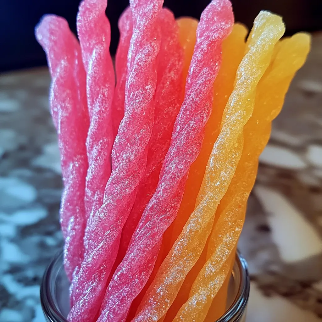 Un pot avec des rubans de bonbons roses, orangés et jaunes.