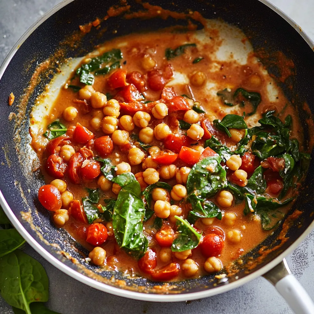 Une poêle garnie de tomates et d’épinards.