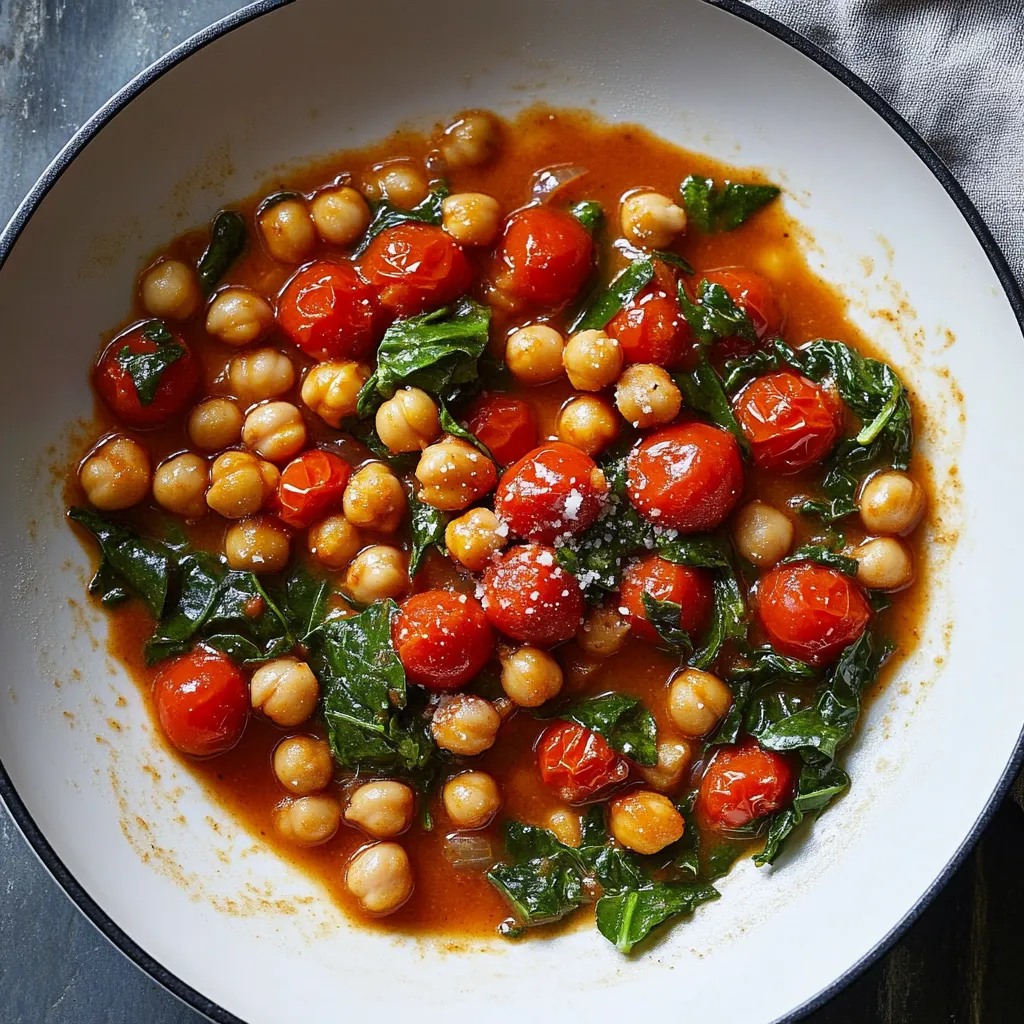 Un bol avec tomates, pois chiches et épinards.