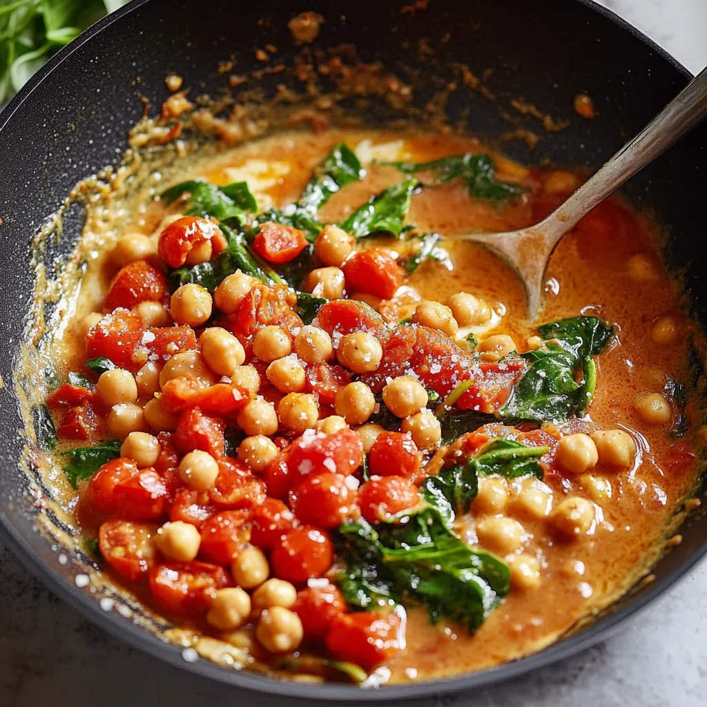 Un bol avec pois chiches, épinards et tomates.