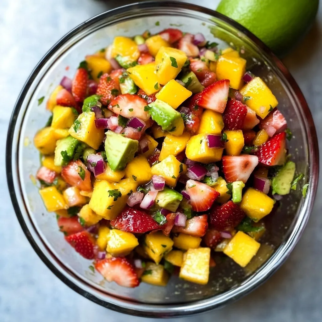 Un bol de fruits avec fraises, citron vert et mangue.