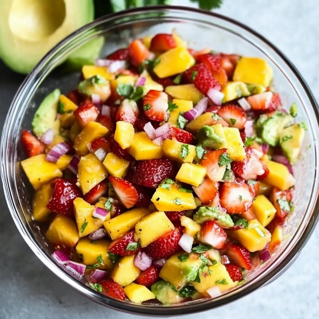 Un saladier de fruits frais avec fraises, mangue et avocat.