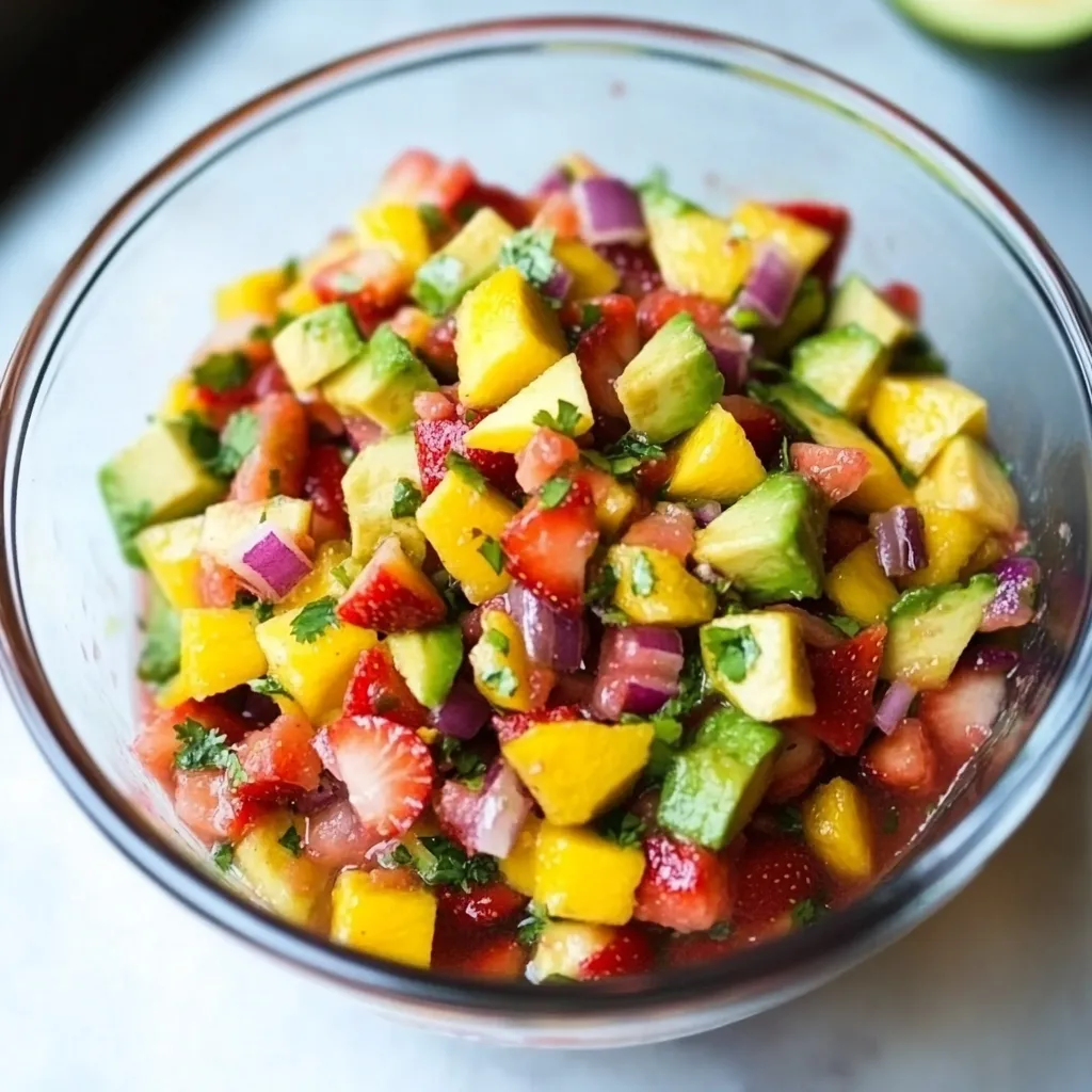 Un saladier de fruits frais avec fraises, mangue et avocat.