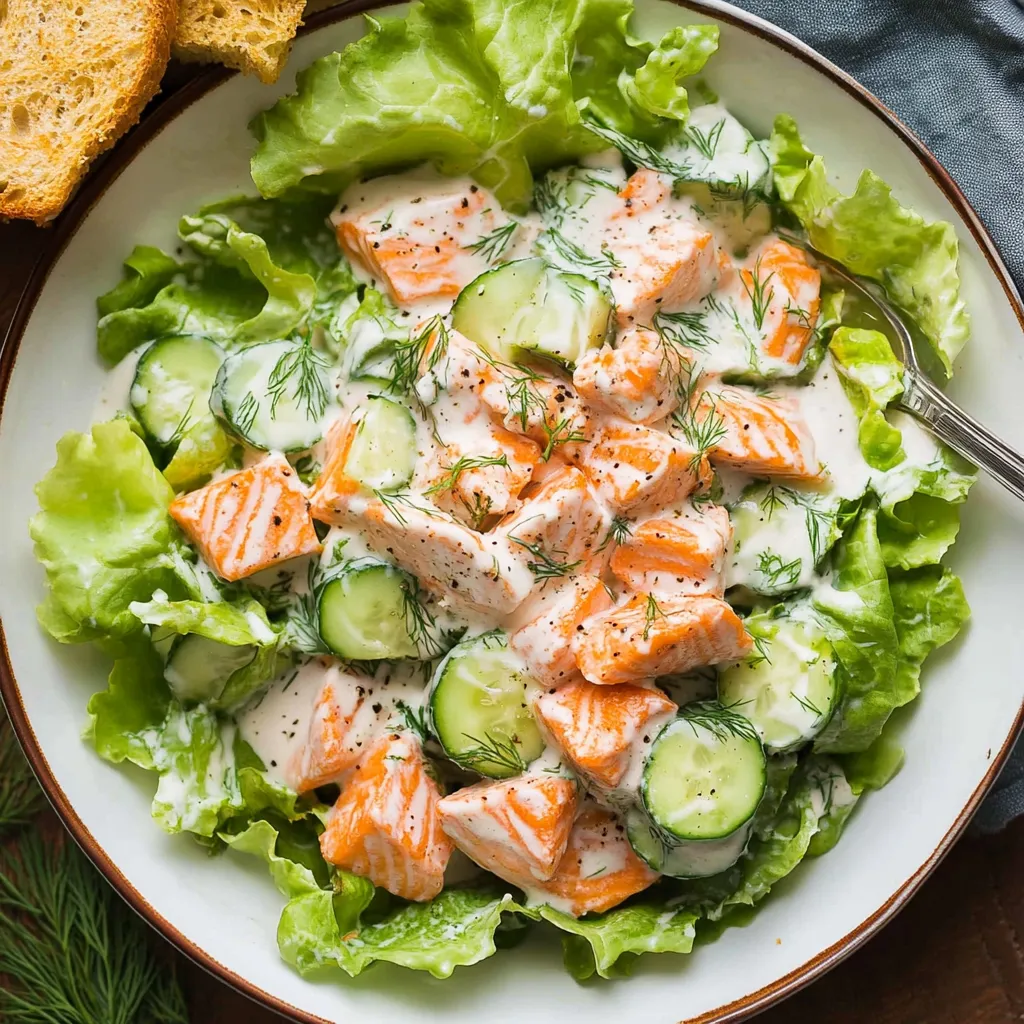 Une assiette de salade avec concombre et poisson.