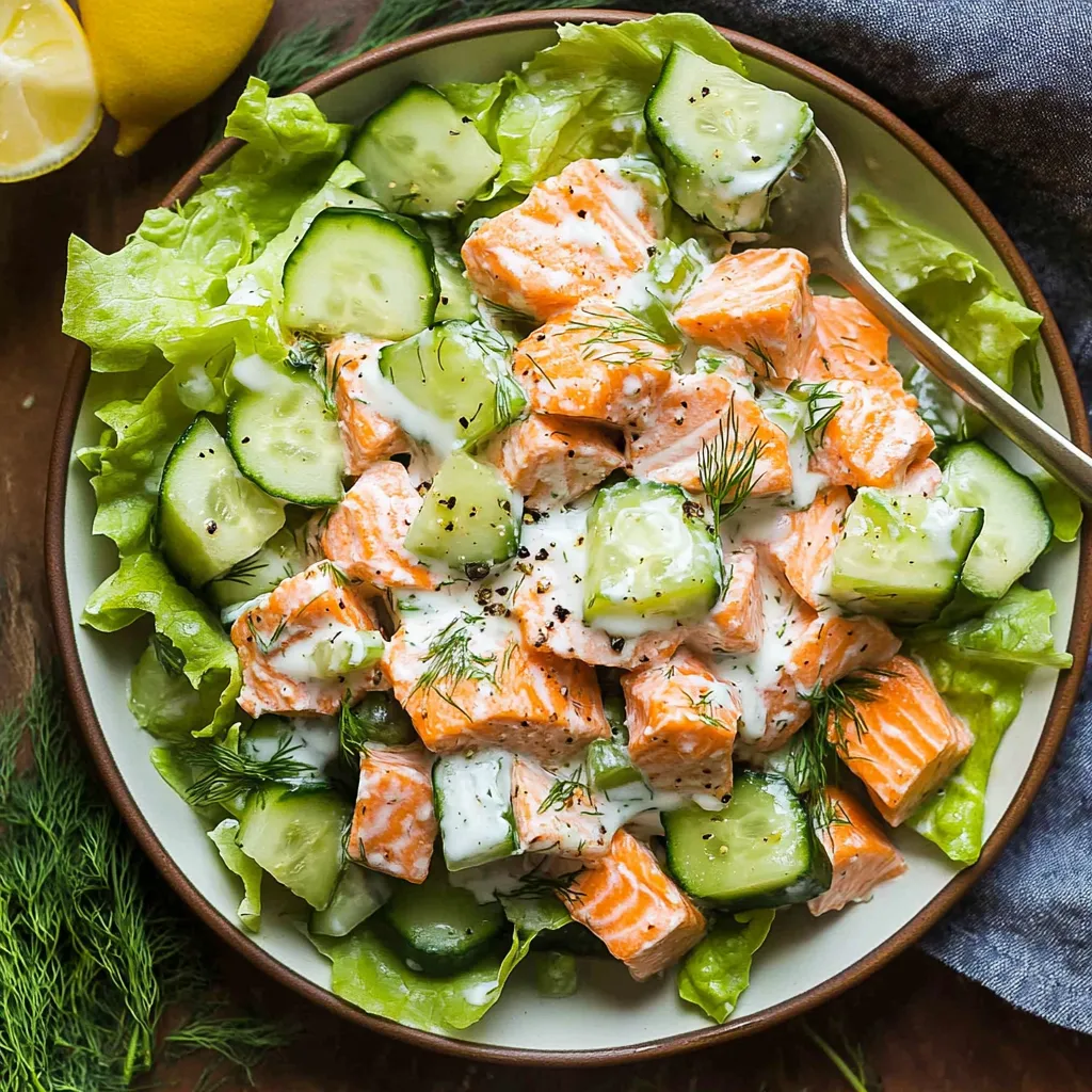 Un bol de salade avec concombre, saumon et yaourt.