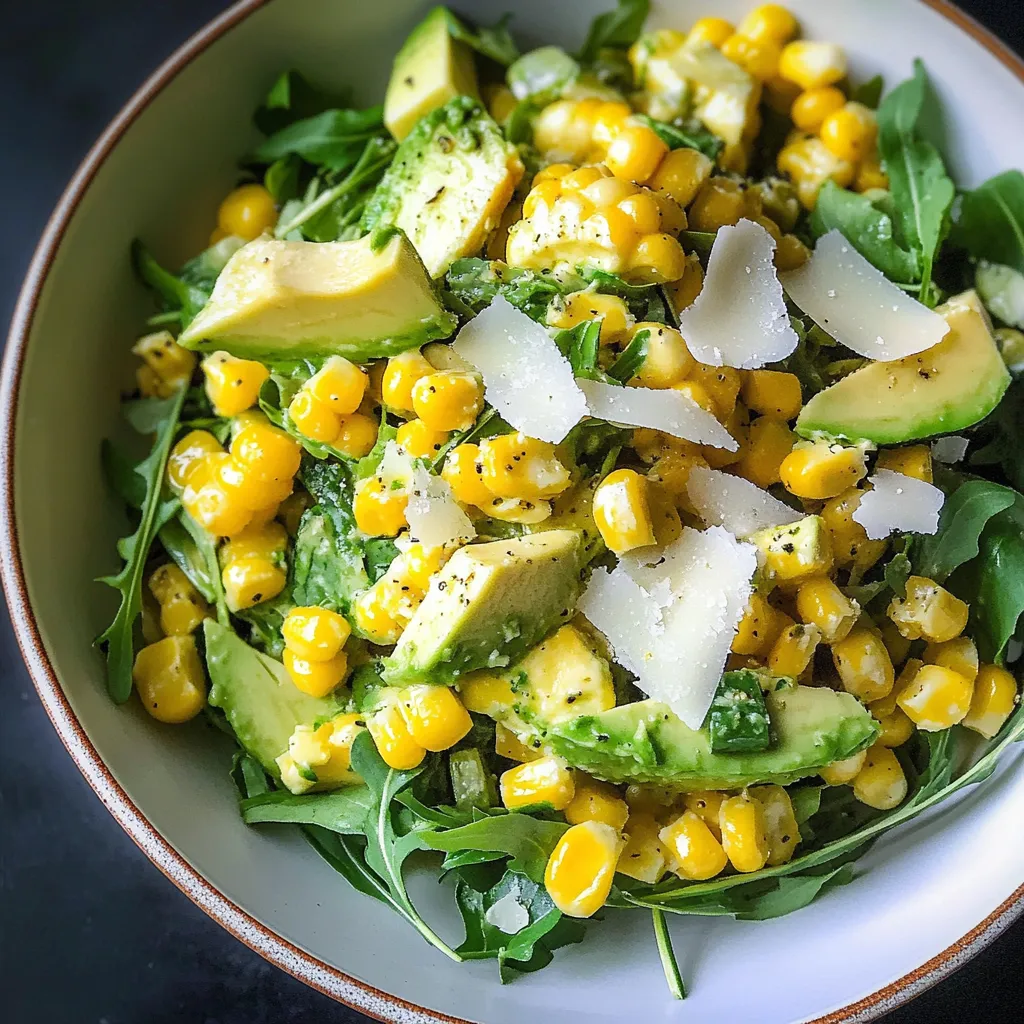 Un bol de salade avec maïs, avocat et fromage.