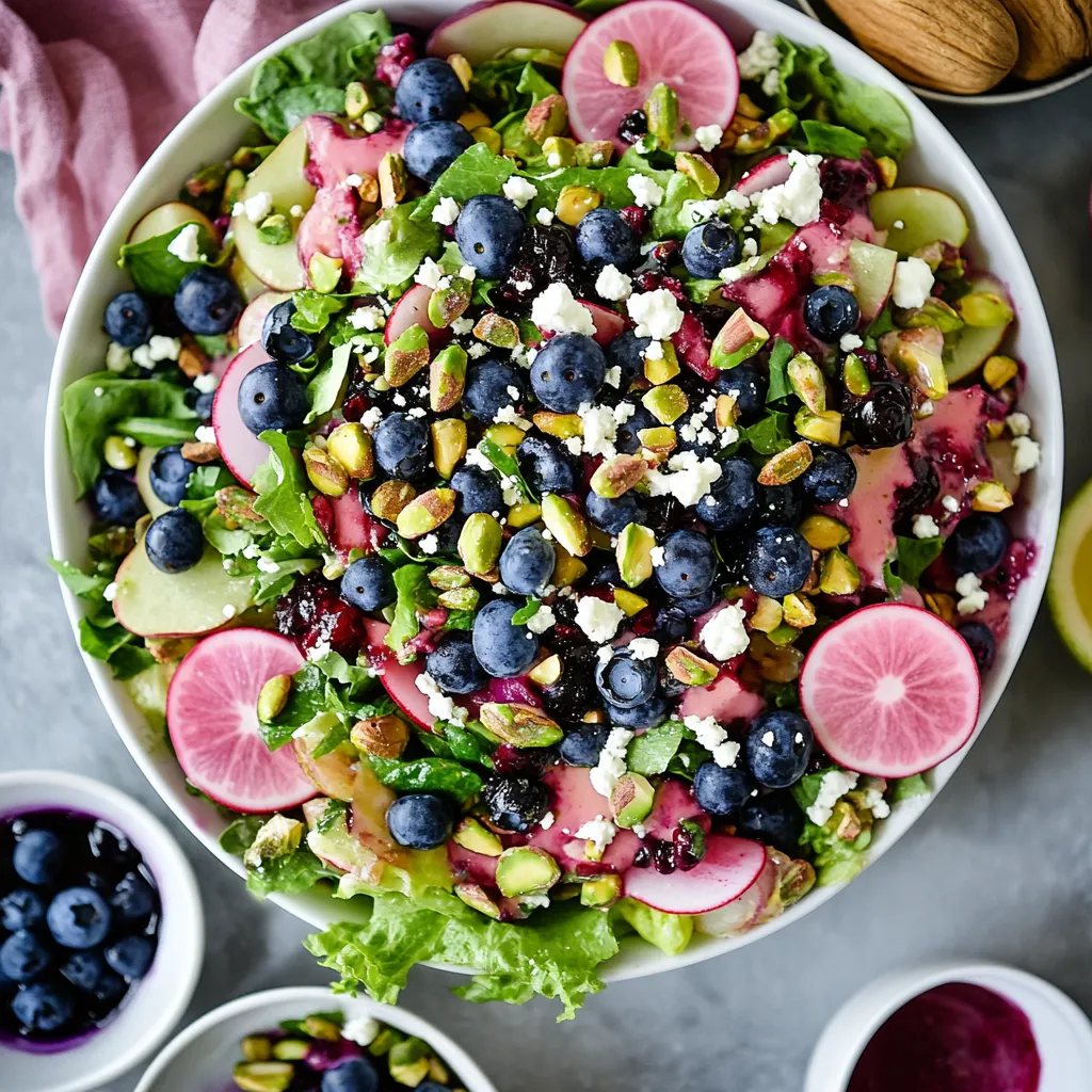 Un bol de salade avec myrtilles, poires et noix.