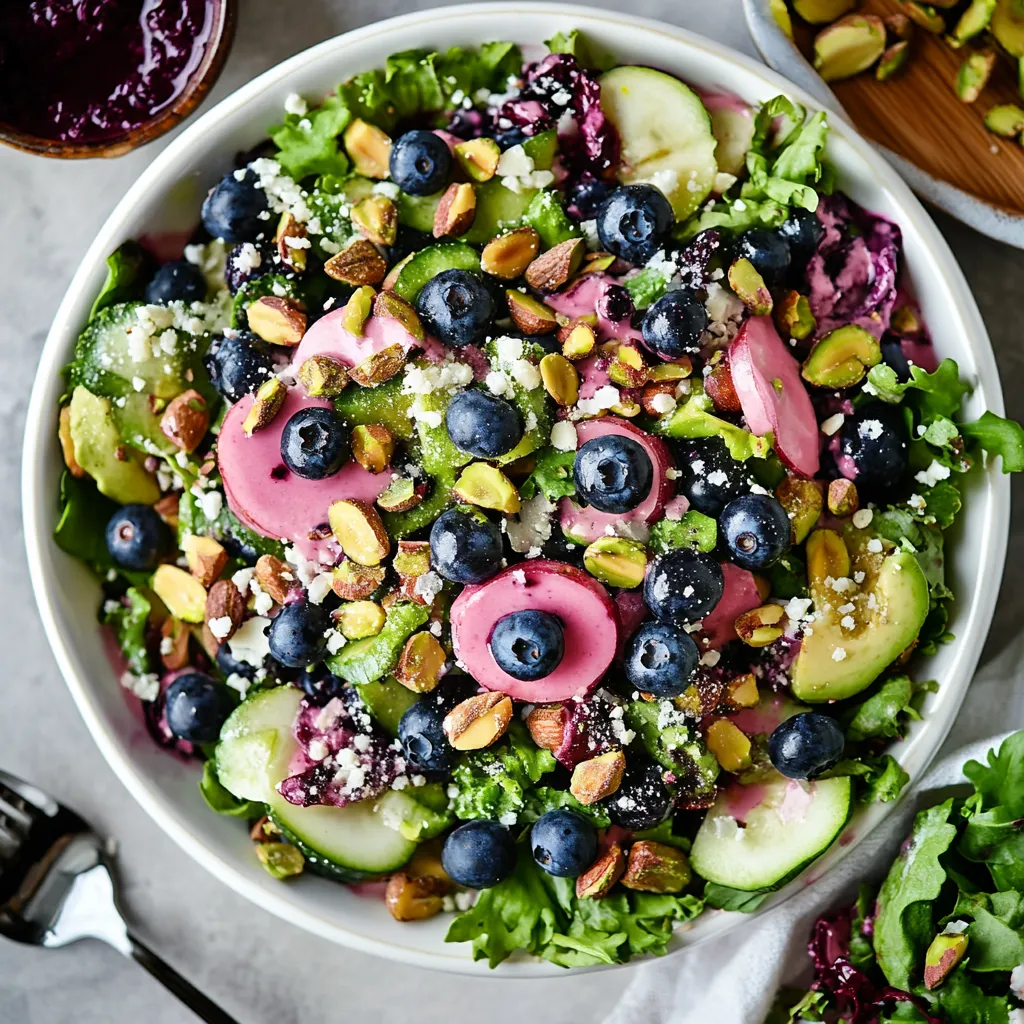 Un bol de salade avec myrtilles, noix et concombre.