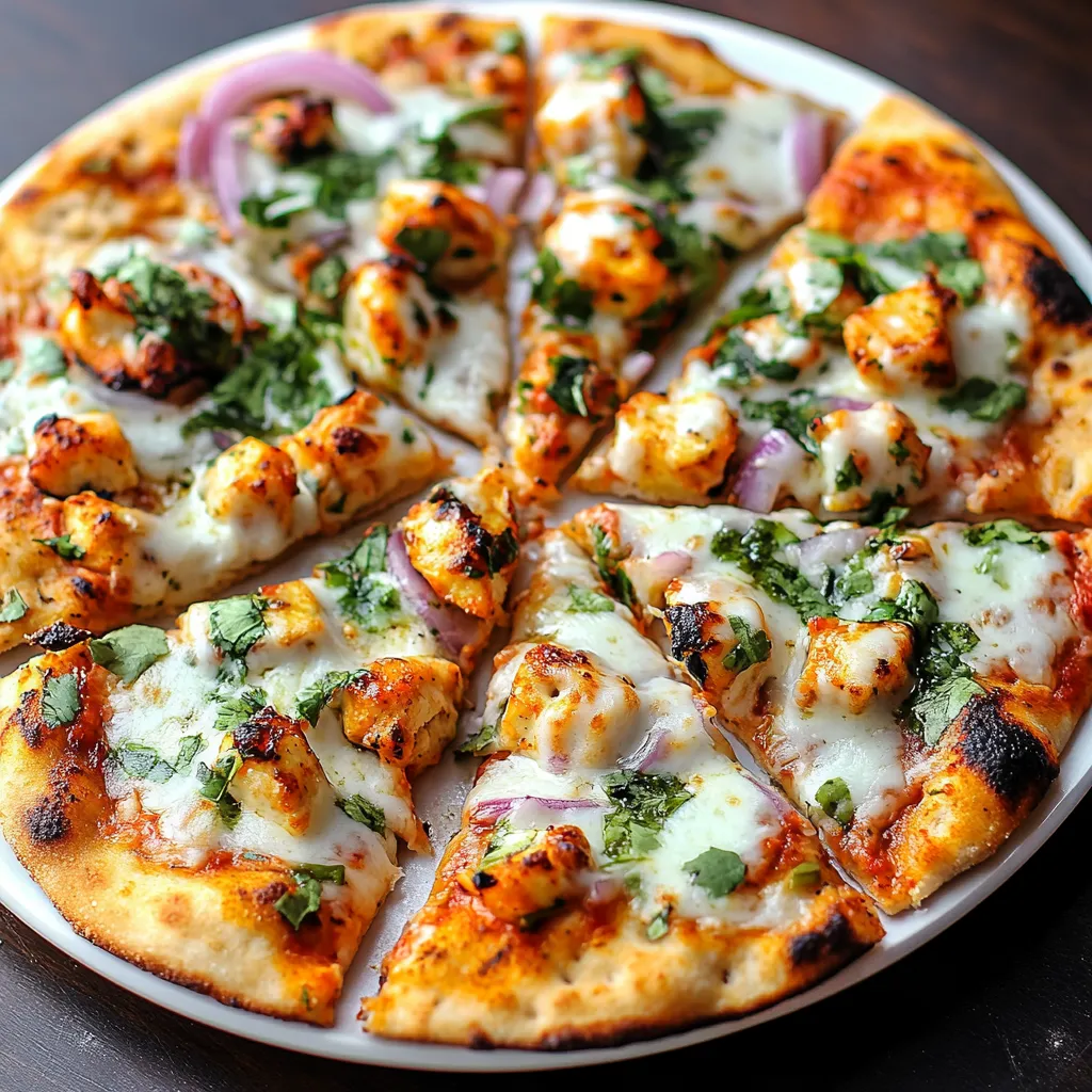 Une pizza avec du poulet et des légumes sur une assiette blanche.