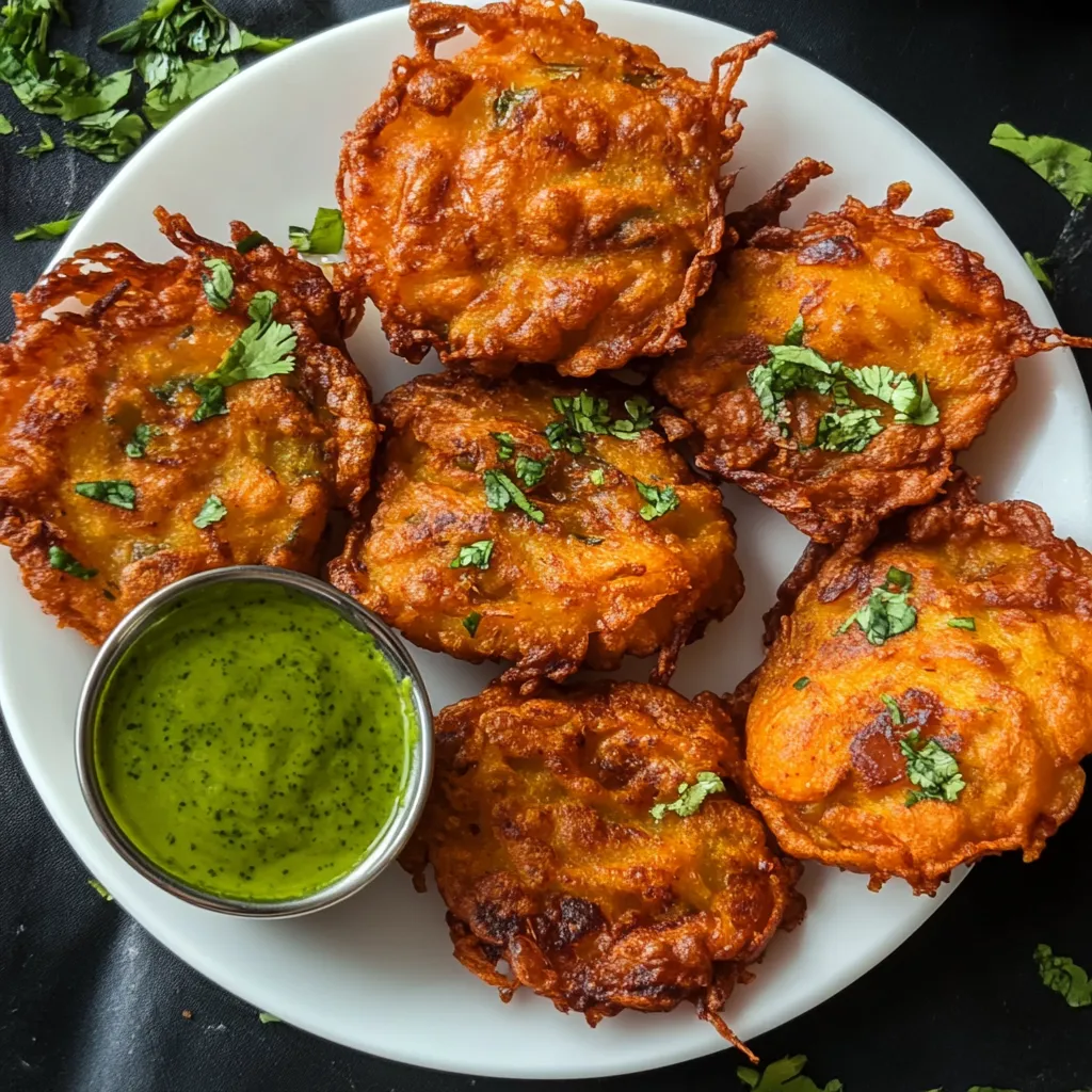 Un plat de beignets d’oignon dorés accompagnés d’une sauce verte.