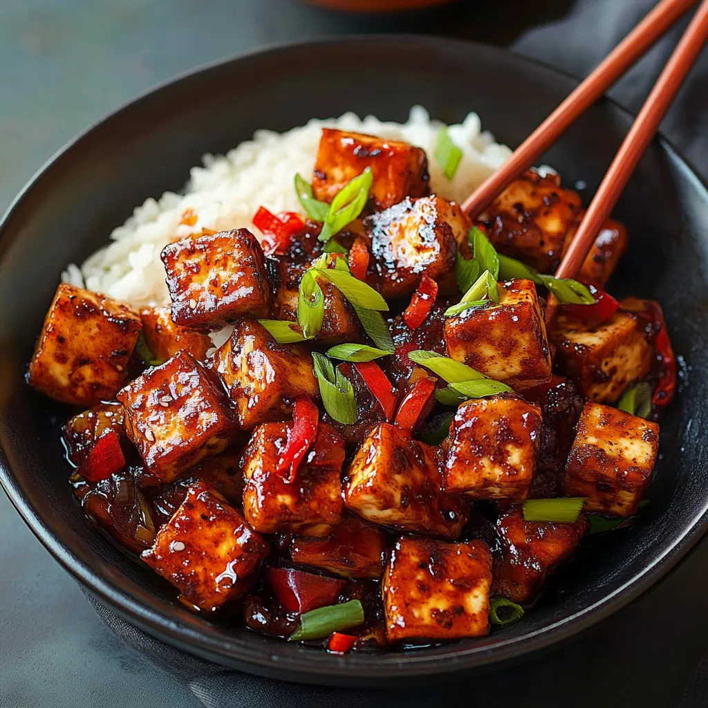 Un bol de riz et de tofu avec des baguettes.