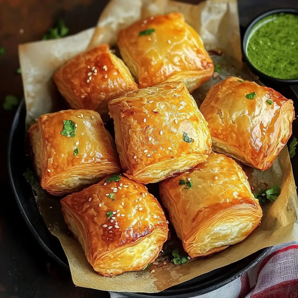 Une assiette de feuilletés garnis d’herbes fraîches.