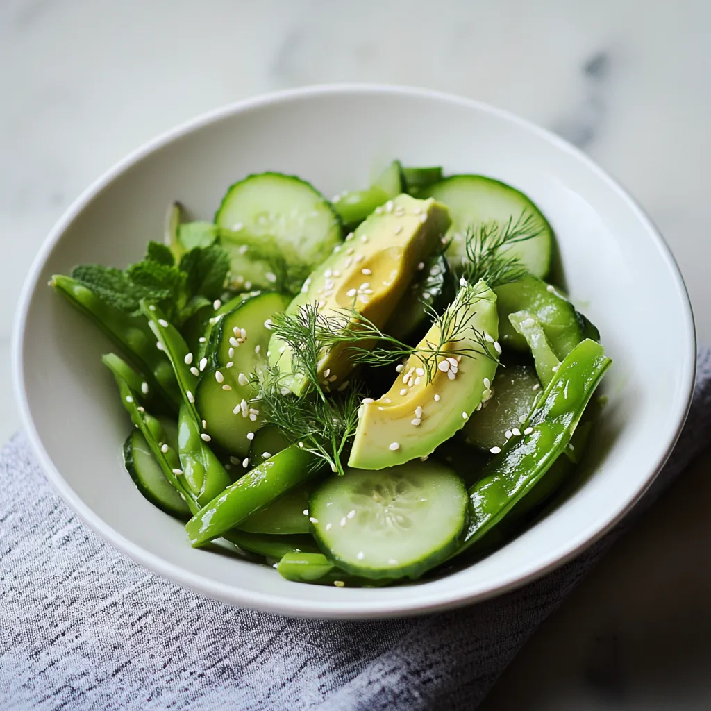 Un joli bol avec concombres, avocat et haricots verts.