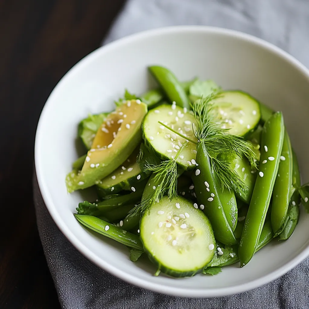 Un bol de légumes avec concombre, pois gourmands et avocat.