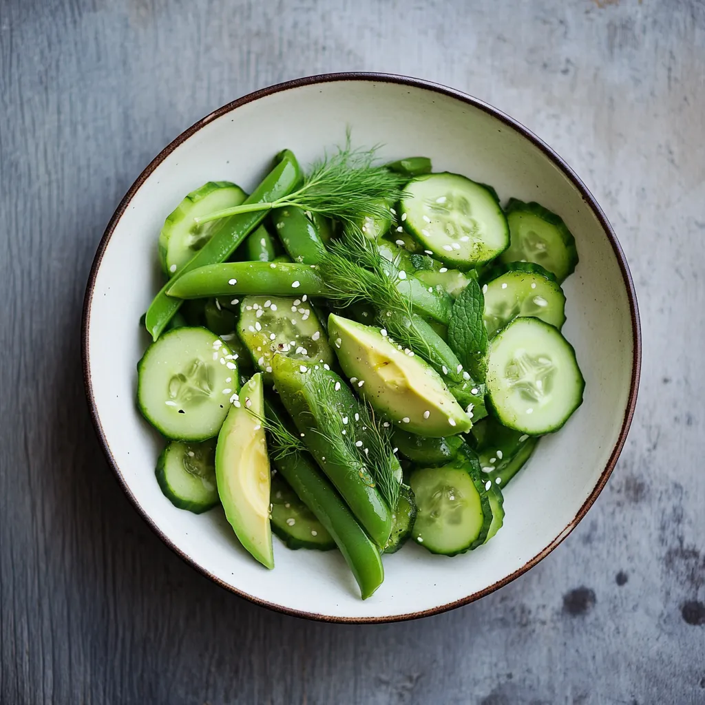 Un bol de légumes avec concombre, pois gourmands et avocat.