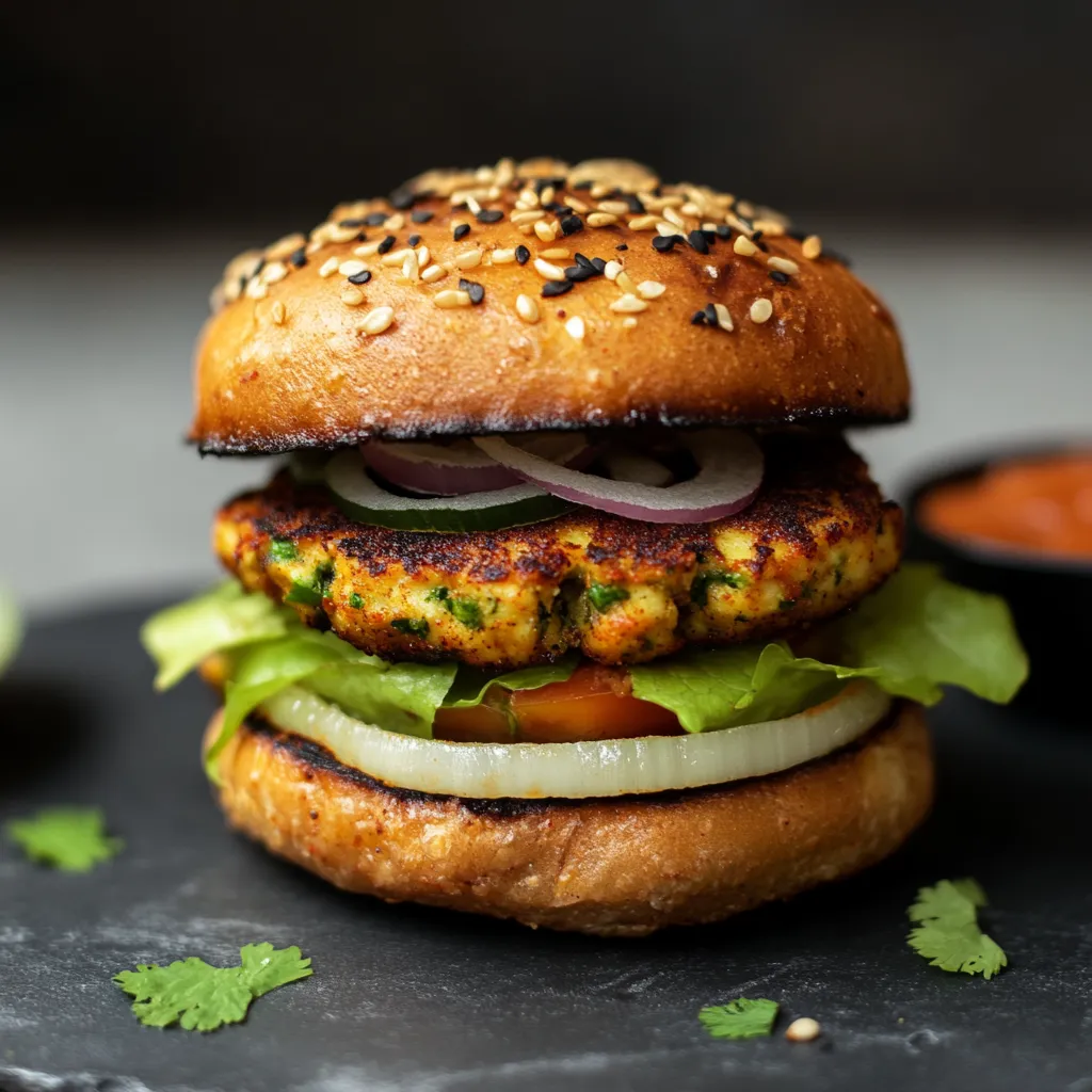 Un burger garni de laitue, tomate, oignon et graines noires sur un pain.