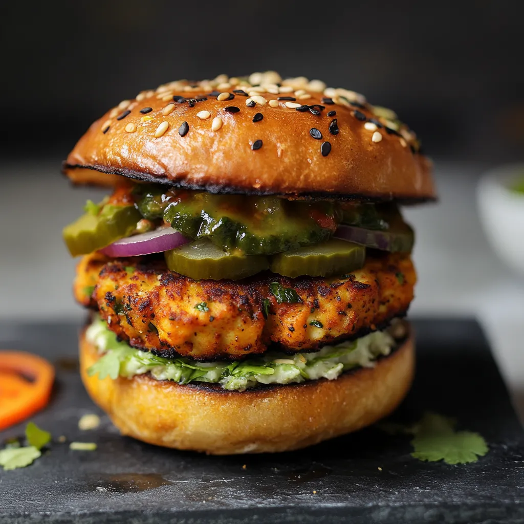 Un burger avec salade, tomate, cornichons et jalapenos.