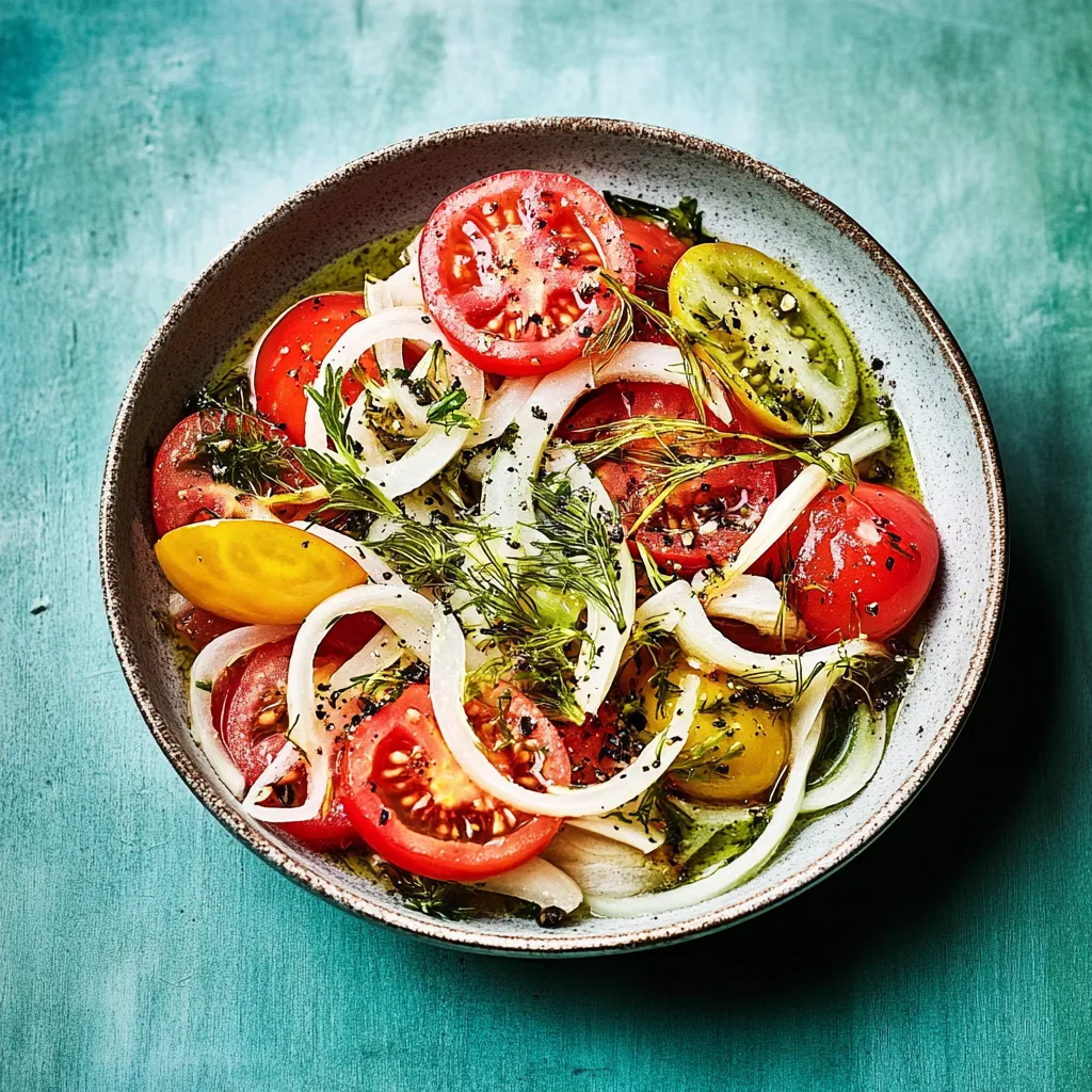 Un plat de tomates, oignons et herbes fraîches.