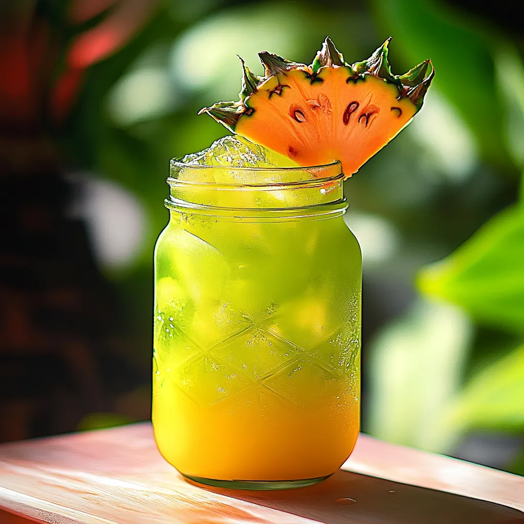 Un verre de jus d’ananas surmonté d’une tranche d’ananas.