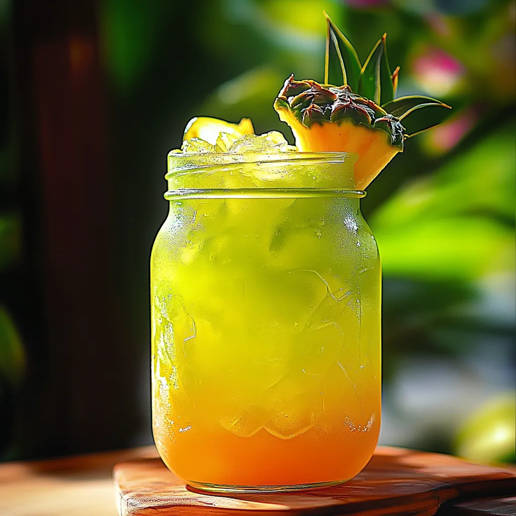 Un verre de jus d’ananas surmonté d’une tranche d’ananas frais.