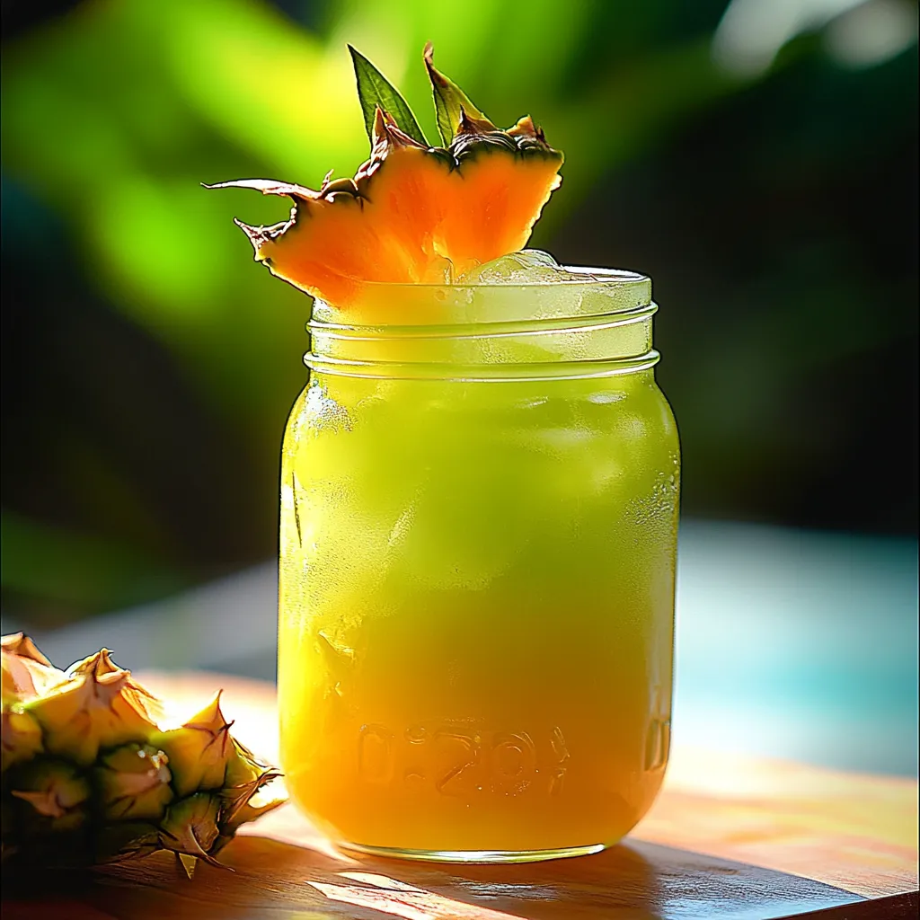 Un verre de jus d’ananas surmonté d’une tranche d’ananas frais.