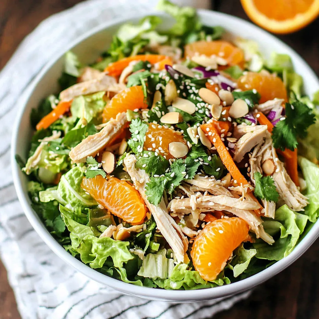 Une salade avec poulet et mandarines dans un bol.