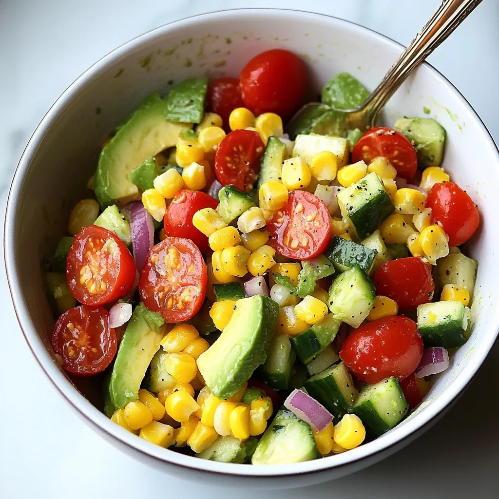 Un bol garni de maïs, tomates, avocat et oignons.