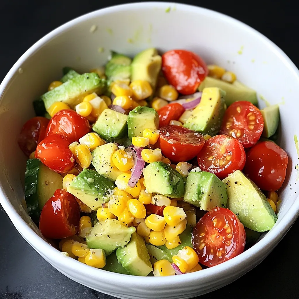 Un saladier de légumes avec maïs, tomates et avocat.