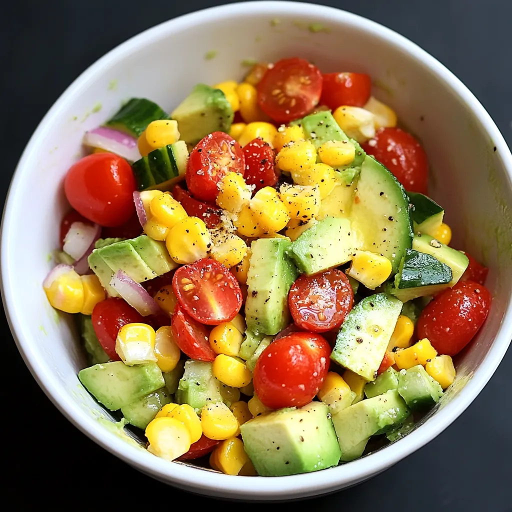 Un bol de légumes avec tomate, maïs et avocat.