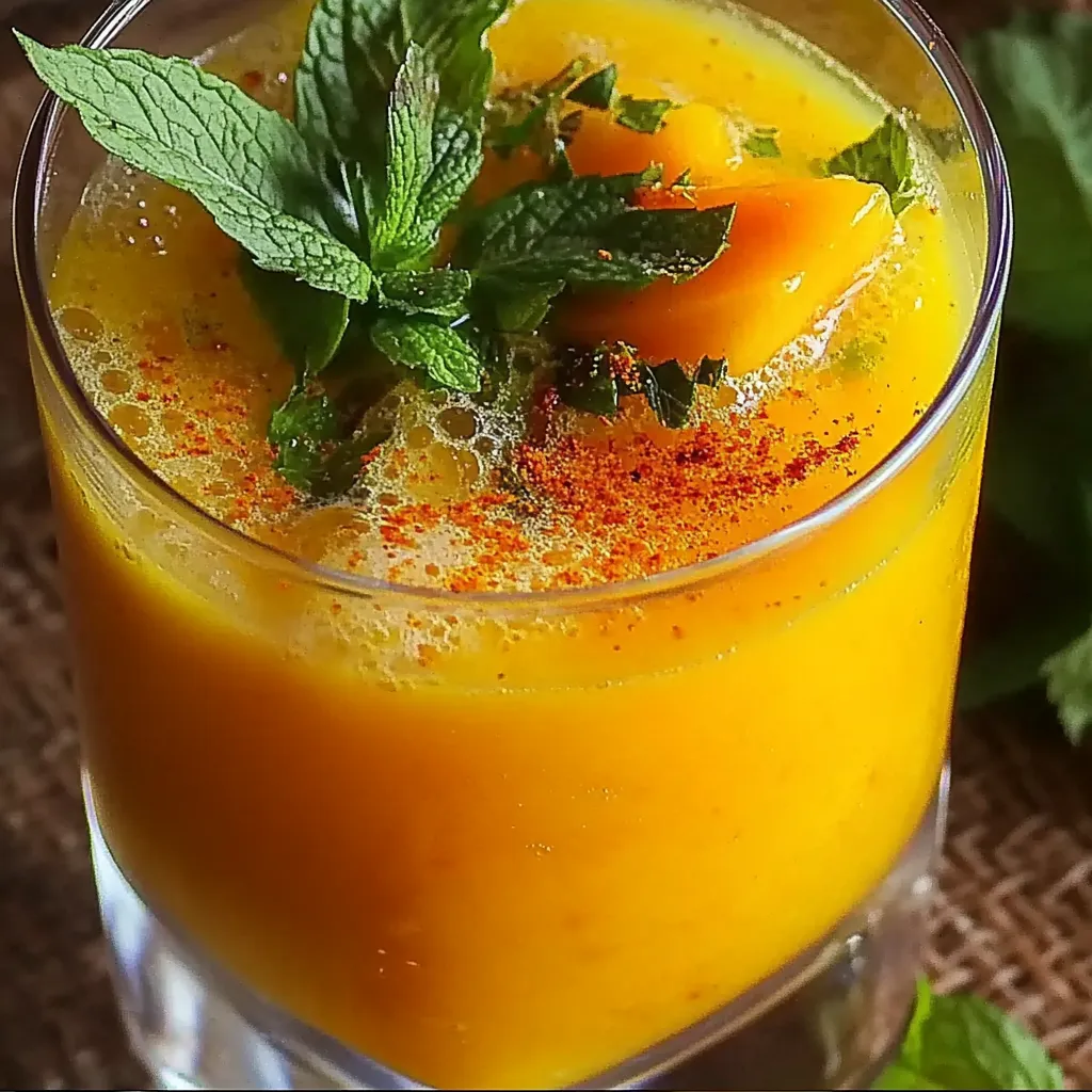 Un verre orange avec des feuilles de menthe.