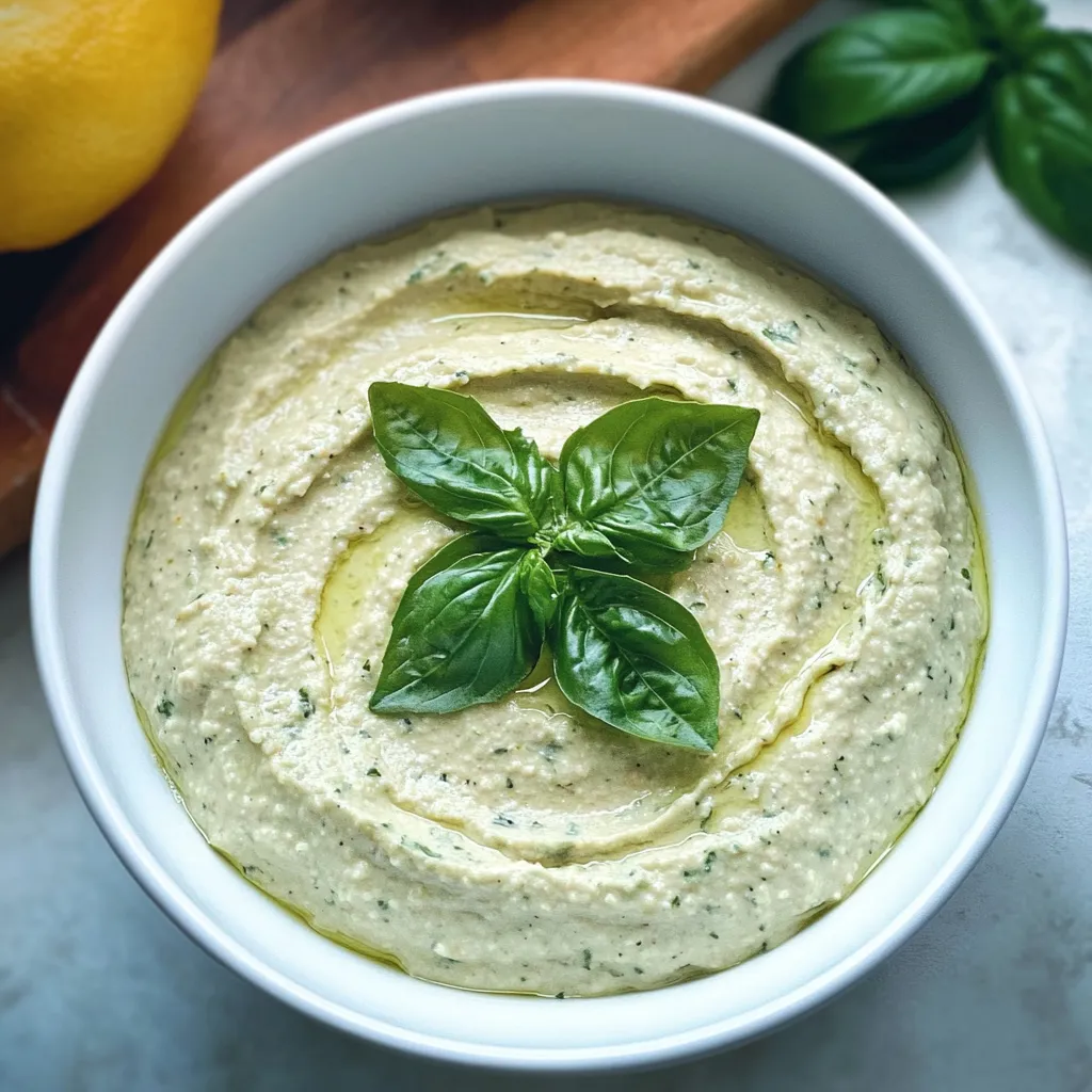 Un bol blanc de houmous surmonté d'une feuille verte.