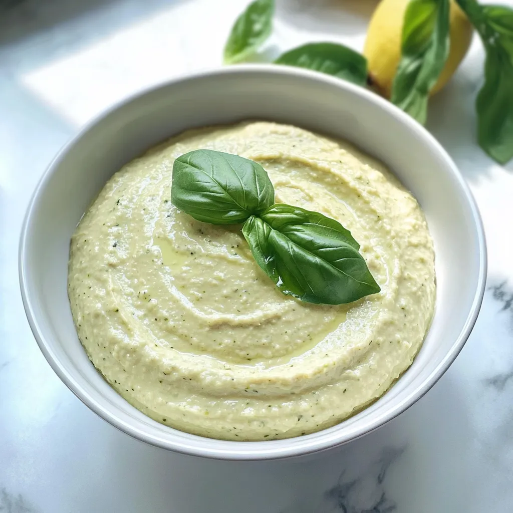 Bol de houmous couronné de basilic frais.