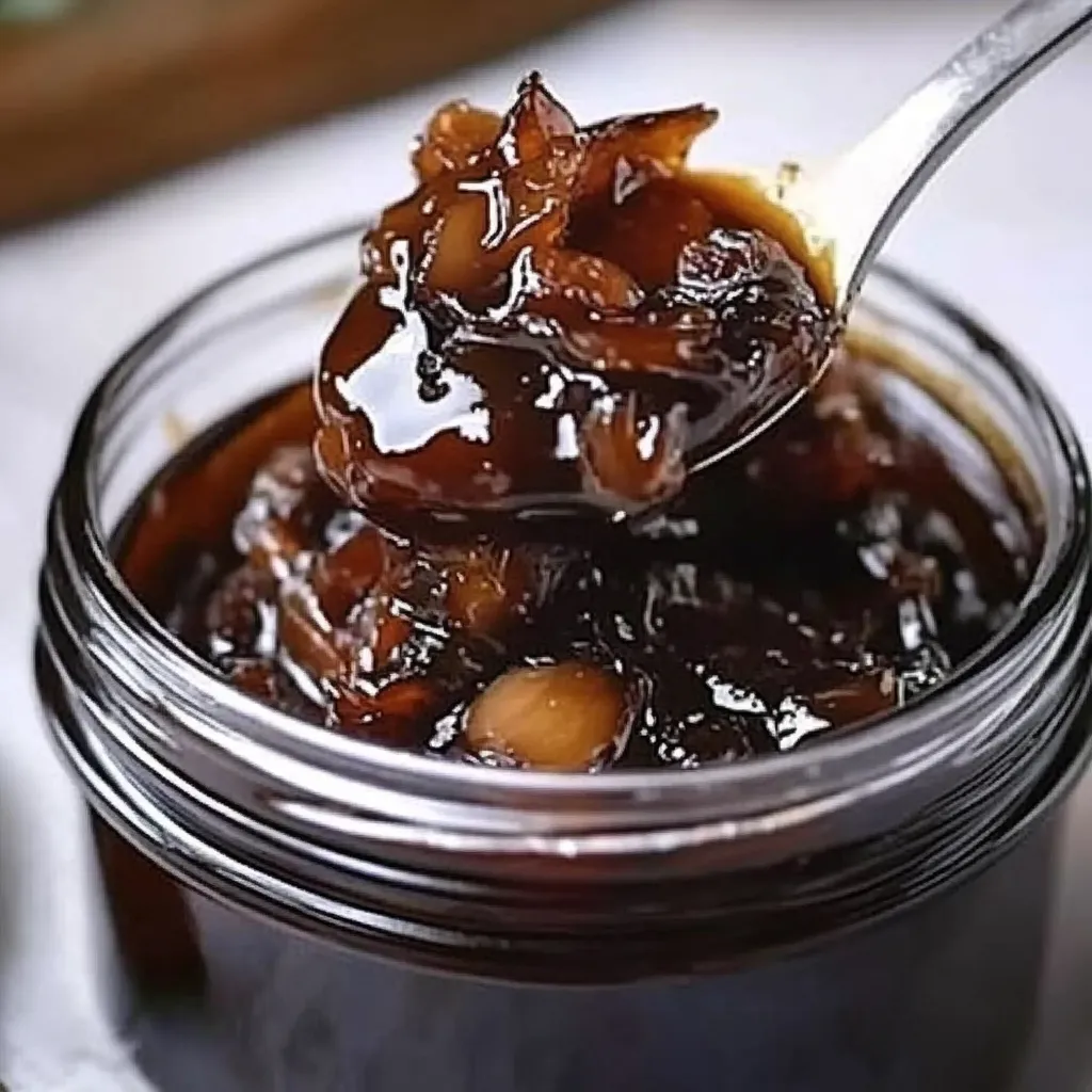 Une cuillère dans un pot de confit d'oignon.