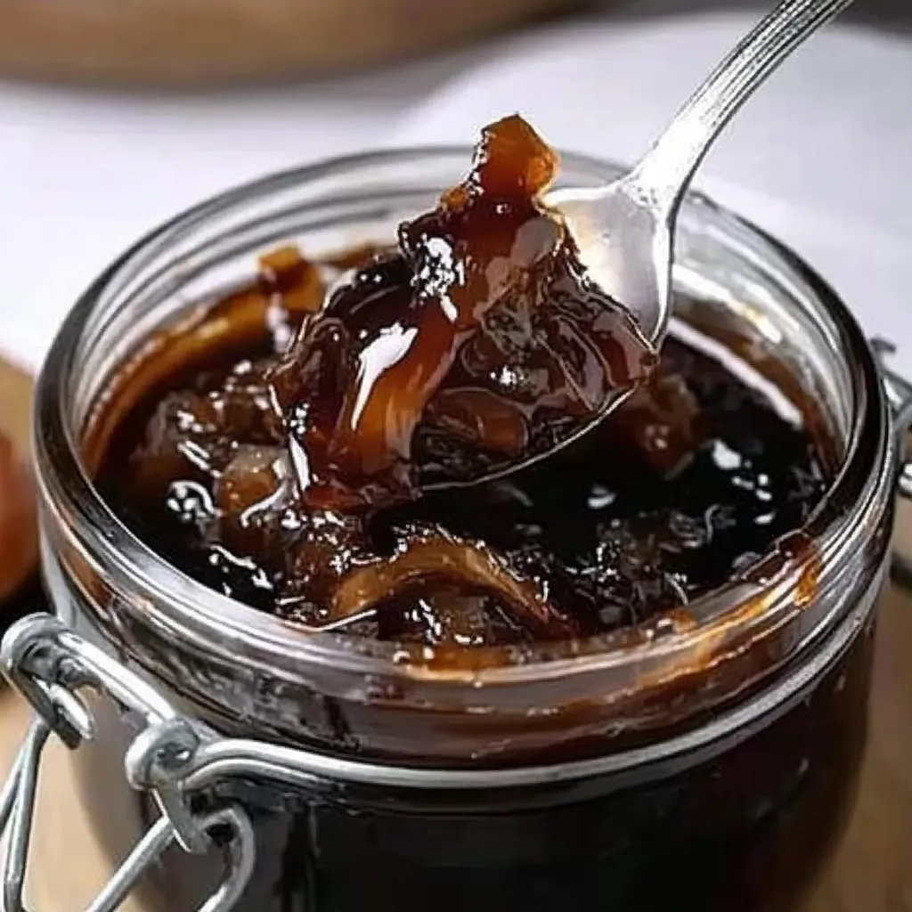 Une cuillère plongée dans un bocal de confiture.
