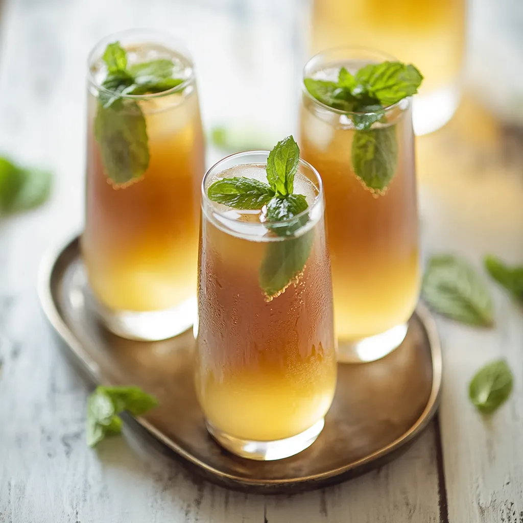 Quatre verres de thé ornés de menthe.