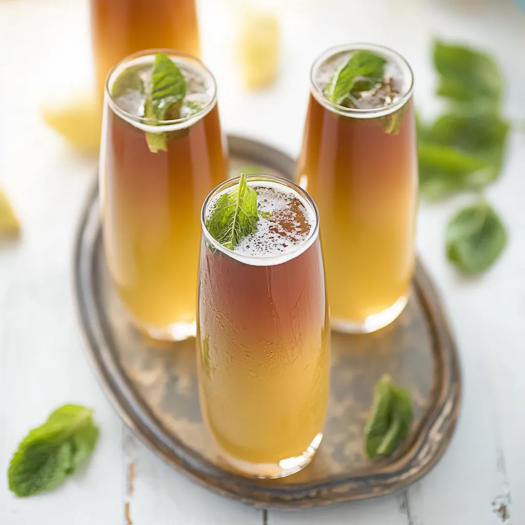 Quatre verres de thé garnis de menthe fraîche.