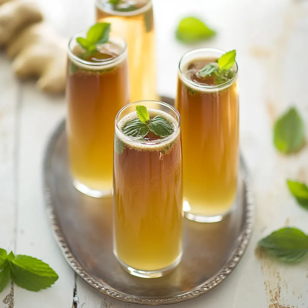 Trois verres de thé décorés de menthe fraîche.