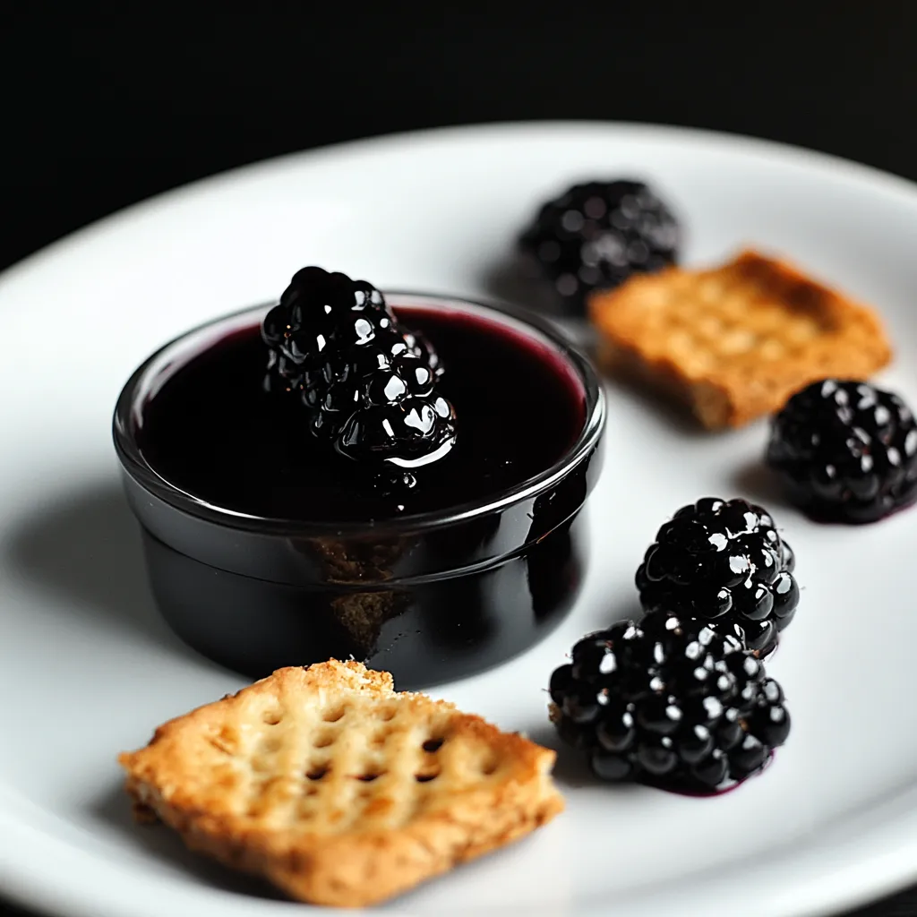 Une assiette de sauce aux mûres et un biscuit.