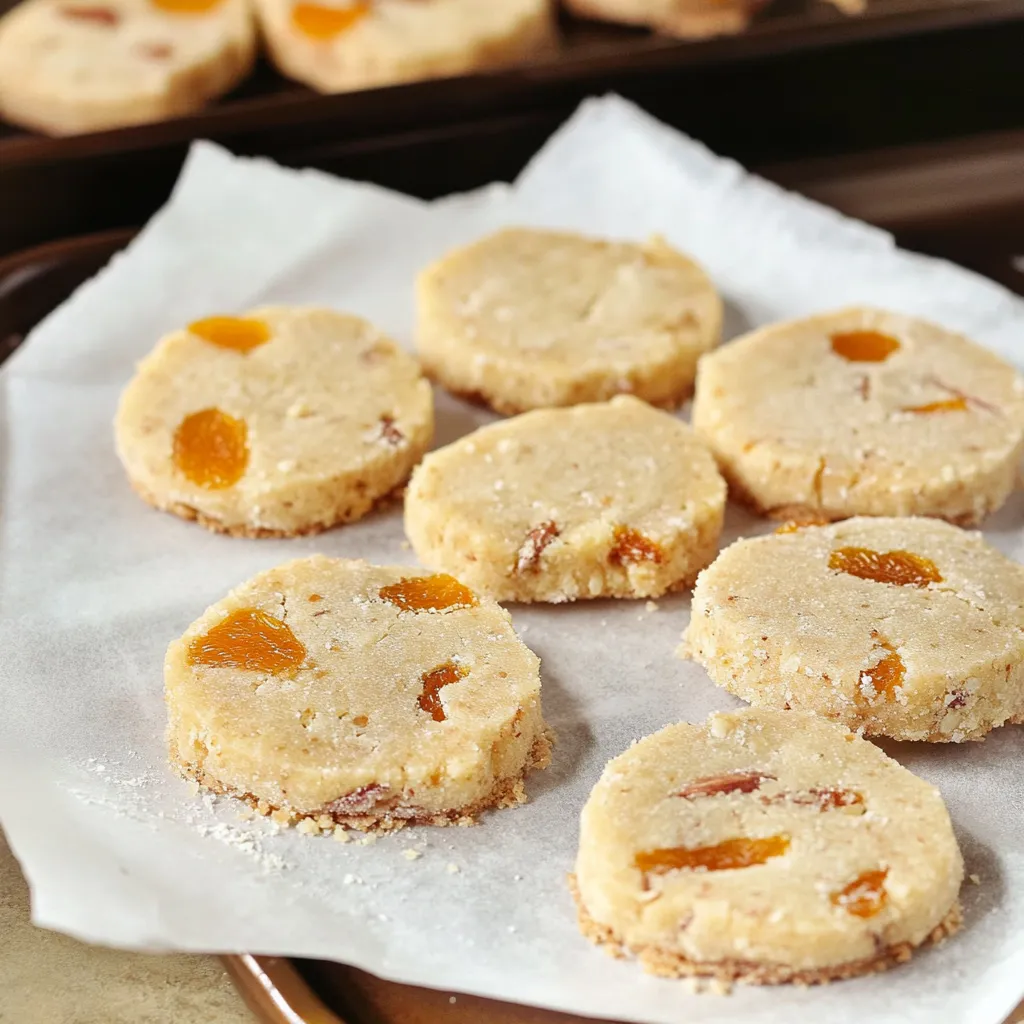 Une assiette de biscuits avec des petits morceaux d’orange et de brun sur le dessus.